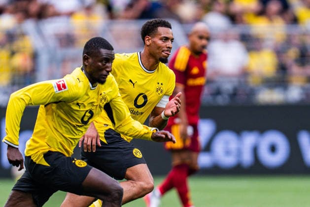 Testspiel, Bundesliga Serie A, Borussia Dortmund vs. AS Rom, 15.08.2026 im Signal Iduna Park Felix Nmecha Serhou Guirassy *** Friendly Match, Bundesliga Serie A, Borussia Dortmund vs. AS Roma, August 15, 2026, at Signal Iduna Park: Felix Nmecha, Serhou Guirassy Copyright: xBahhoxKarax