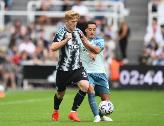 Lewis Hall of Newcastle United (left) in action Newcastle United v Bayer Leverkusen, Pre Season Friendly, Football, St James Park, Newcastle, UK - 15 Aug 2026Newcastle St James Park United Kingdom EDITORIAL USE ONLY No use with unauthorised audio, video, data, fixture lists, club league logos or live services. Online in-match use limited to 120 images, no video emulation. No use in betting, games or single club league player publications.  Copyright: xRichardxLee Shutterstockx 17070129bg