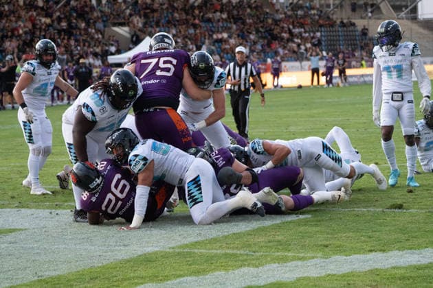 15.08.2026, xhfmx, American Football European Football Alliance EFA , Munich Ravens - Frankfurt Galaxy Antony Marvyn Bouembe (Galaxy Frankfurt, 26) erzielt einen Touchdown gegen Munich Ravens im BIG4 (DFL DFB REGULATIONS PROHIBIT ANY USE OF PHOTOGRAPHS as IMAGE SEQUENCES and or QUASI-VIDEO) Frankfurt *** August 15, 2026, xhfmx, American Football European Football Alliance (EFA), Munich Ravens vs. Frankfurt Galaxy; Antony Marvyn Bouembe of the Frankfurt Galaxy scores a touchdown against the Munich Ravens in the BIG4. DFL and DFB regulations prohibit any use of photographs as image sequences and or quasi-video. Frankfurt
