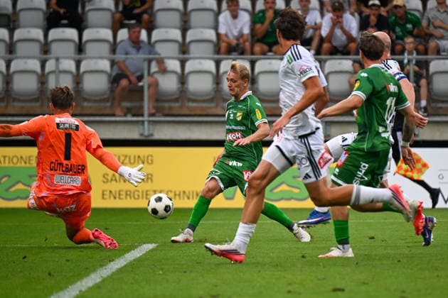 SOCCER - BL, A.Lustenau vs WAC LUSTENAU,AUSTRIA,15.AUG.26 - SOCCER - ADMIRAL Bundesliga, SC Austria Lustenau vs Wolfsberger AC. Image shows Lukas Guetlbauer (WAC), Fabian Gmeiner (A.Lustenau), Matteo Kitz (WAC), Dominik Weixelbraun (A.Lustenau) and Nicolas Wimmer (WAC).  GEPAxpictures xOliverxLerch