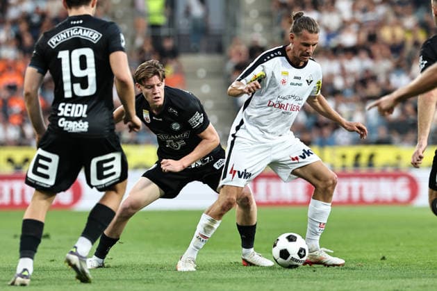 SOCCER - BL, Sturm vs Altach GRAZ,AUSTRIA,15.AUG.26 - SOCCER - ADMIRAL Bundesliga, SK Sturm Graz vs SCR Altach. Image shows Luca Weinhandl (Sturm) and Patrick Greil (Altach).  GEPAxpictures xChrisxBauer