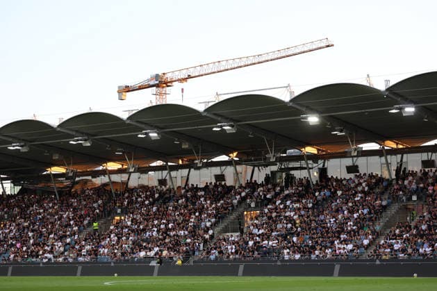 SOCCER - BL, Sturm vs Altach GRAZ,AUSTRIA,15.AUG.26 - SOCCER - ADMIRAL Bundesliga, SK Sturm Graz vs SCR Altach. Image shows stadium Graz Liebenau and a construction crane in the background.  GEPAxpictures xChrisxBauer