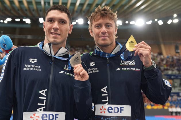 Simone Cerasuolo silver medal and gold medal NicolÃ² Martinenghi from Italy Men s 50m Breaststroke Final at the Swimming European Aquatics Championships Paris 2026, Paris, August 15, 2026 .  Copyright: xGianxMattiaxD Alberto LaPressex
