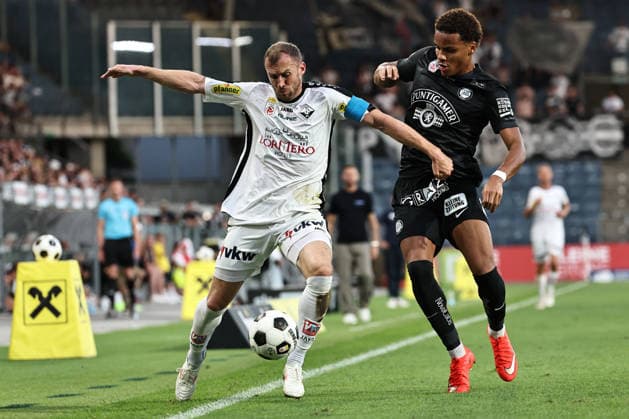 SOCCER - BL, Sturm vs Altach GRAZ,AUSTRIA,15.AUG.26 - SOCCER - ADMIRAL Bundesliga, SK Sturm Graz vs SCR Altach. Image shows Lukas Jaeger (Altach) and Axel Kayombo (Sturm).  GEPAxpictures xChrisxBauer
