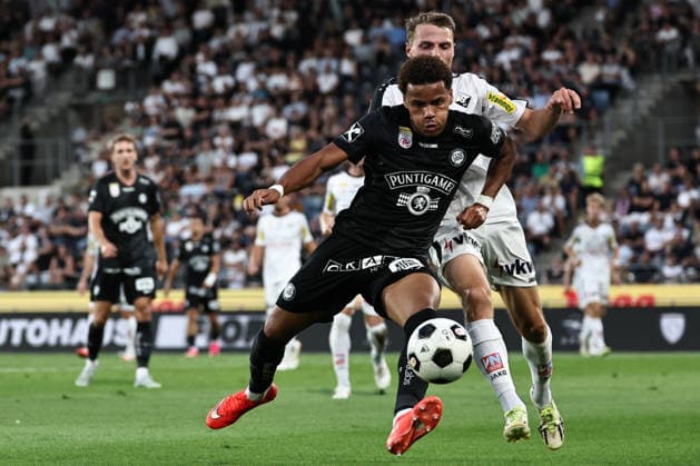 SOCCER - BL, Sturm vs Altach GRAZ,AUSTRIA,15.AUG.26 - SOCCER - ADMIRAL Bundesliga, SK Sturm Graz vs SCR Altach. Image shows Axel Kayombo (Sturm) and Benjamin Boeckle (Altach).  GEPAxpictures xChrisxBauer