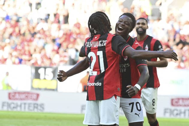SOCCER - Friendly Match - Manchester United, ManU vs. AC Milan Photo by IPA ABACAPRESS.COM87510790 - Samuel Chukwueze (Milan) and Alphadjo Cisse (Milan) celebrating after a goal during the friendly match between Manchester United and AC Milan at the Arena Tarczynski in Wroclaw, Poland, on August 15, 2026 Wroclaw Poland  Copyright: xIPAxSport ABACAx