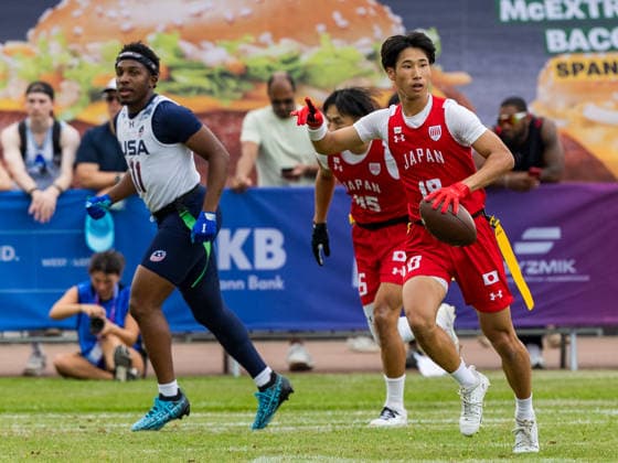 18 KODAI OKUMURA ( WR DB ) Team Japan Men run with the ball. Team Japan Men vs Team USA Men, Flag Football , IFAF, WM, 2026, 13.08-16.08.26, Düsseldorf Flag Football Komplex Düsseldor Germany Copyright: xPFA ChristopherxMettkenx