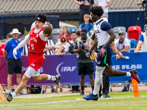 5 RYOSUKE MATSUO ( WR DB ) Team Japan Men run with ball out the field. Team Japan Men vs Team USA Men, Flag Football , IFAF, WM, 2026, 13.08-16.08.26, Düsseldorf Flag Football Komplex Düsseldor Germany Copyright: xPFA ChristopherxMettkenx