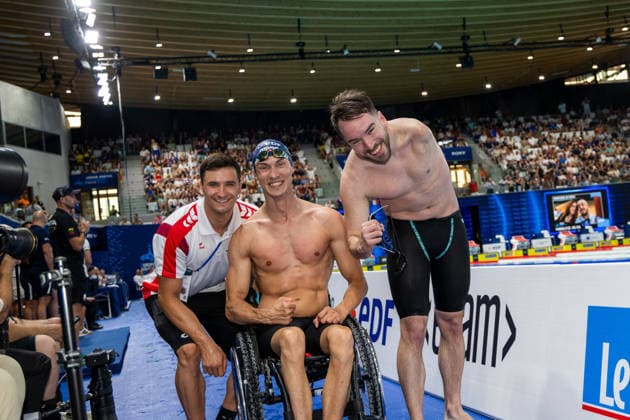 SWIMMING - EAC 2026 PARIS,FRANCE,15.AUG.26 - SWIMMING - European Aquatics Championships Paris 2026, 100m freestyle, men. Image shows Valentin Bayer, Andreas Ernhofer and Andreas Onea (AUT).  GEPAxpictures xPhilippxBrem