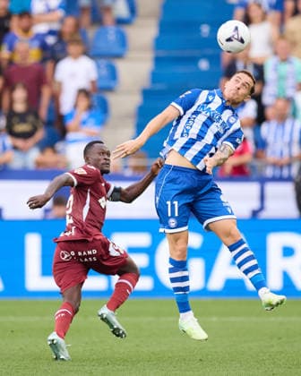 August 15, 2026, Vitoria, Alaba, Spain: Dakonam Djene of Getafe CF competes for the ball with Toni Martinez of Deportivo Alaves during the LaLiga EA Sports match between Deportivo Alaves and Getafe CF at Mendizorrotza on August 15, 2026, in Vitoria, Spain. Deportivo Alaves V Getafe CF - LaLiga EA Sports  - ZUMAa181 20260815_zaa_a181_018 Copyright: xRicardoxLarreinax
