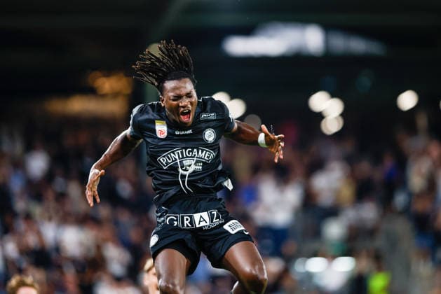 SOCCER - BL, Sturm vs Altach GRAZ,AUSTRIA,15.AUG.26 - SOCCER - ADMIRAL Bundesliga, SK Sturm Graz vs SCR Altach. Image shows the rejoicing of Seedy Jatta (Sturm).  GEPAxpictures xJamesxDoak