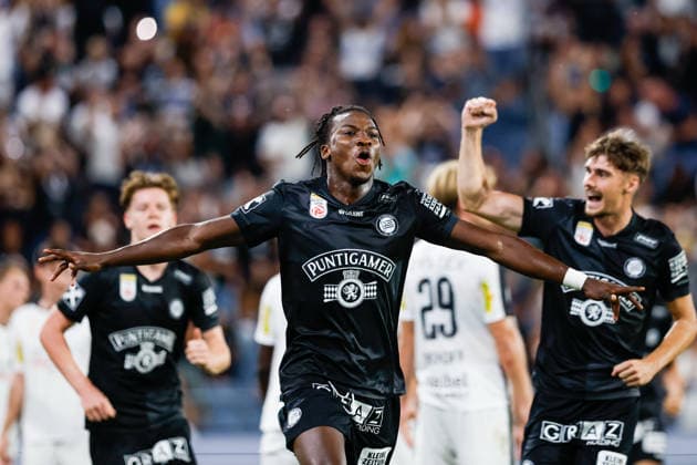 SOCCER - BL, Sturm vs Altach GRAZ,AUSTRIA,15.AUG.26 - SOCCER - ADMIRAL Bundesliga, SK Sturm Graz vs SCR Altach. Image shows the rejoicing of Seedy Jatta (Sturm).  GEPAxpictures xJamesxDoak