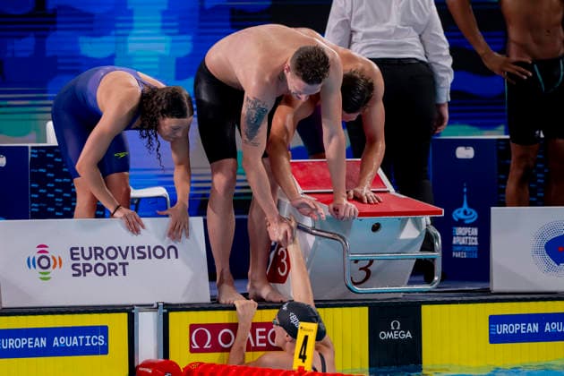 France, Paris, Centre Aquatique Olympique Metropole du Grand Paris, 15.08.2026, European Aquatics Championships, Day 16 - Final Session, 4x200m Freestyle Mixed Relay, Germany, Linda Roth, SC Magdeburg, Lukas Maertens, Jarno Baeschnitt, Team Bochum and Maya Tobehn, Dresdner SC, Photo by Eibner Pressefoto Tino Henschel European Aquatics Championships, Day 16 - Final Session Paris *** France, Paris, Centre Aquatique Olympique Metropole du Grand Paris, August 15, 2026, European Aquatics Championships, Day 16 Final Session, 4x200m Freestyle Mixed Relay, Germany, Linda Roth, SC Magdeburg, Lukas Maertens, Jarno Baeschnitt, Team Bochum, and Maya Tobehn, Dresdner SC, Photo by Eibner Pressefoto Tino Henschel European Aquatics Championships, Day 16 Final Session, Paris Copyright: xEibnerxPressefotox
