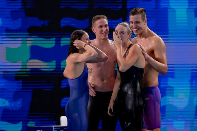 France, Paris, Centre Aquatique Olympique Metropole du Grand Paris, 15.08.2026, European Aquatics Championships, Day 16 - Final Session, 4x200m Freestyle Mixed Relay, Germany, Linda Roth, SC Magdeburg, Lukas Maertens, Jarno Baeschnitt, Team Bochum and Maya Tobehn, Dresdner SC, Photo by Eibner Pressefoto Tino Henschel European Aquatics Championships, Day 16 - Final Session Paris *** France, Paris, Centre Aquatique Olympique Metropole du Grand Paris, August 15, 2026, European Aquatics Championships, Day 16 Final Session, 4x200m Freestyle Mixed Relay, Germany, Linda Roth, SC Magdeburg, Lukas Maertens, Jarno Baeschnitt, Team Bochum, and Maya Tobehn, Dresdner SC, Photo by Eibner Pressefoto Tino Henschel European Aquatics Championships, Day 16 Final Session, Paris Copyright: xEibnerxPressefotox