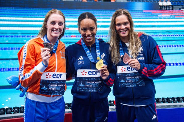 NATATION : Championnat d europe de natation 2026 - PARIS - 15 08 2026 Mary Ambre Moluh (FRA) Pauline Mahieu (FRA) Marrit Steenbergen (NED) Saint DenisFrance  Copyright: xBaptistexAutissierx