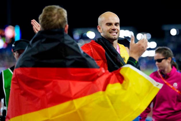 BIRMINGHAM, GREAT BRITAIN - AUGUST 15, 2026 : European champion in the javelin throw: Julian WEBER (GER Germany) and second place for Nick THUMM (GER Germany) during the European Athletics Championships at Alexander Stadium on August 15, 2026 in Birmingham, Great Britain. Great Britain Copyright: xLeahxKohringx