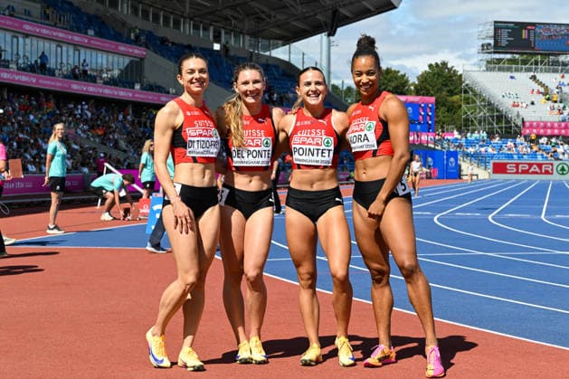 27th European Athletics Championships - Birmingham 2026: Day Six Geraldine di Tizio-Frey, Ajla del Ponte, Leonie Pointet and Salome Kora of Switzerland compete in the Women s 4x100m during the Birmingham 2026 European Athletics Championships at Alexander Stadium in Birmingham, United Kingdom, on August 15, 2026. Birmingham United Kingdom  Copyright: xStefanosxKyriazisx originalFilename:kyriazis-birmingh260815_npgT7.jpg