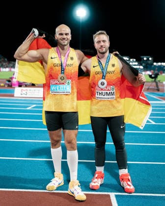Julian Weber (USC Mainz, Speerwurf Maenner), Nick Thumm (VfB Stuttgart, Speerwurf Maenner), GBR, Leichtathletik, Athletics, European Athletics Championships 2026, Leichtathletik Europameisterschaft 2026, Birmingham 2026, 09.08.2026, GBR, Leichtathletik, Athletics, European Athletics Championships 2026, Leichtathletik Europameisterschaft 2026, Birmingham 2026, 09.08.2026 Birmingham *** Julian Weber, USC Mainz, Men s Javelin Throw; Nick Thumm, VfB Stuttgart, Men s Javelin Throw; GBR, Track and Field, Athletics, 2026 European Athletics Championships, 2026 European Track and Field Championships, Birmingham 2026, August 9, 2026, GBR, Track and Field, Athletics, 2026 European Athletics Championships, 2026 European Track and Field Championships, Birmingham 2026, August 9, 2026, Birmingham Copyright: xStefanxMayerx EP_SMR