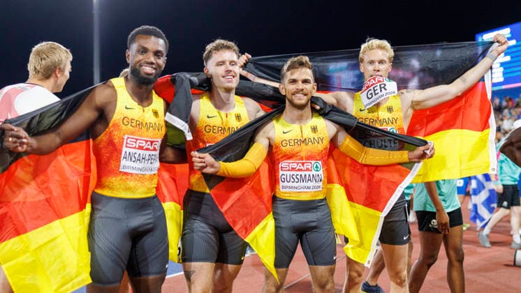 BIRMINGHAM, GREAT BRITAIN - AUGUST 15, 2026: 4x100m relays, Silver for Lucas ANSAH-PEPRAH (GER Germany), Kevin KRANZ (GER Germany), Heiko GUSSMANN (GER Germany), Marvin SCHULTE (GER Germany) during the European Athletics Championships at Alexander Stadium on August 15, 2026 in Birmingham, Great Britain. Great Britain Copyright: xAxelxKohringx