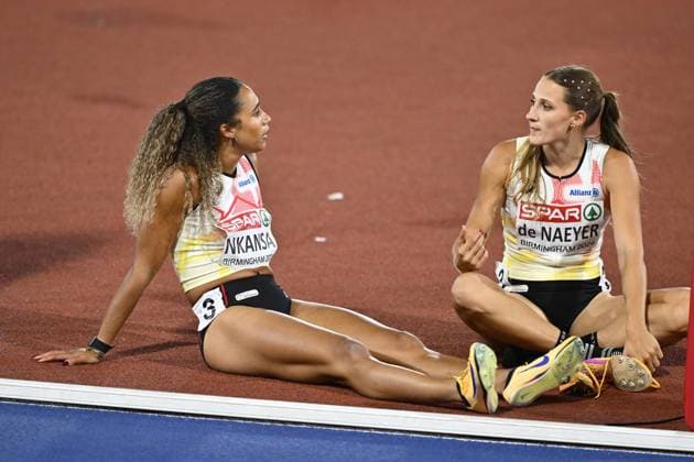 Belgian Delphine Nkansa and Belgian Janie De Naeyer pictured after the final of the women s 4x100m relay race, on the seventh day of the European Athletics Championships (August 10-18) in Birmingham, United Kingdom, on Saturday 15 August 2026. ERICxLALMAND  x183480621x