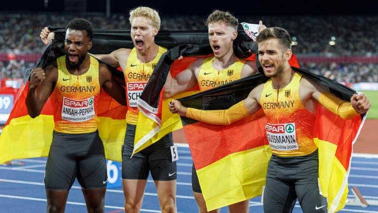 BIRMINGHAM, GREAT BRITAIN - AUGUST 15, 2026: 4x100m relays, Silver for Lucas ANSAH-PEPRAH (GER Germany), Kevin KRANZ (GER Germany), Heiko GUSSMANN (GER Germany), Marvin SCHULTE (GER Germany) during the European Athletics Championships at Alexander Stadium on August 15, 2026 in Birmingham, Great Britain. Great Britain Copyright: xAxelxKohringx