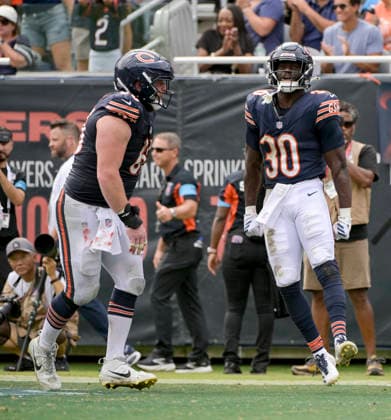 Chicago Bears running back Coleman Bennett (30) celebrates his fourth quarter touchdown against the Cleveland Browns during a preseason game at Soldier Field in Chicago on Saturday, August 15, 2026. The Bears defeated the Brown 34-10.  CHI20260815119 MARKxBLACK