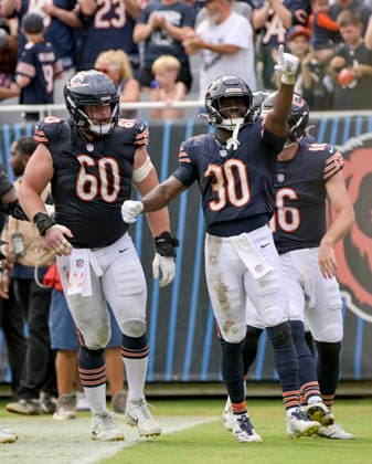 Chicago Bears running back Coleman Bennett (30) celebrates his fourth quarter touchdown against the Cleveland Browns during a preseason game at Soldier Field in Chicago on Saturday, August 15, 2026. The Bears defeated the Brown 34-10.  CHI20260815120 MARKxBLACK