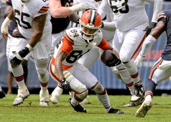 Cleveland Browns wide receiver Gage Larvadain (84) looks for an open against the Chicago Bears during a preseason game at Soldier Field in Chicago on Saturday, August 15, 2026. The Bears defeated the Brown 34-10.  CHI20260815130 MARKxBLACK