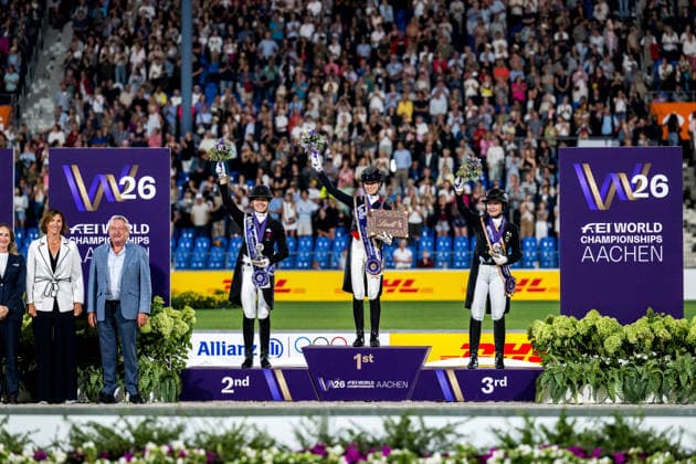 260815 Cathrine Laudrup-Dufour of Denmark, Charlotte Fry of Great Britain and Isabell Werth of Germany celebrate on the podium after the Dressage Grand Prix Freestyle during day 5 of the 2026 FEI World Championships on August 15, 2026 in Aachen. Photo: Emma Wallskog BILDBYRAN kod EW EW0684 ridsport equestrian rid-vm 2026 2026 fei world championships bbeng ridsport-vm dressage dressyr kur jubel *** August 15, 2026: Cathrine Laudrup Dufour of Denmark, Charlotte Fry of Great Britain, and Isabell Werth of Germany celebrate on the podium after the Dressage Grand Prix Freestyle on Day 5 of the 2026 FEI World Championships on August 15, 2026 in Aachen. Photo by Emma Wallskog. BILDBYRAN code EW EW0684 equestrian sports 2026 World Championships 2026 FEI World Championships BBENG equestrian sports World Championships dressage freestyle celebration  Copyright: EMMAxWALLSKOG BB260815EW158