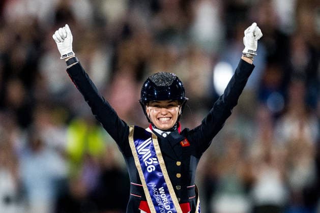 260815 Charlotte Fry of Great Britain celebrates first place on the podium after the Dressage Grand Prix Freestyle during day 5 of the 2026 FEI World Championships on August 15, 2026 in Aachen. Photo: Emma Wallskog BILDBYRAN kod EW EW0684 ridsport equestrian rid-vm 2026 2026 fei world championships bbeng ridsport-vm dressage dressyr kur jubel *** August 15, 2026: Charlotte Fry of Great Britain celebrates her first-place finish on the podium after the Dressage Grand Prix Freestyle on Day 5 of the 2026 FEI World Championships, 2026 in Aachen. Photo by Emma Wallskog. BILDBYRAN code EW EW0684 equestrian sports 2026 World Championships 2026 FEI World Championships BBENG equestrian sports World Championships dressage freestyle celebration  Copyright: EMMAxWALLSKOG BB260815EW159