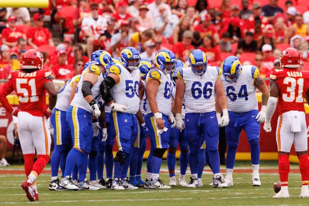 KANSAS CITY, MO - AUGUST 15: Los Angeles Rams huddle on the field before a play against the Kansas City Chiefs during the first half on August 15th at Arrowhead Stadium in Kansas City, Missouri. (Photo by William Purnell Icon Sportswire) NFL, American Football Herren, USA AUG 15 Rams at Chiefs EDITORIAL USE ONLY Icon2026081501693