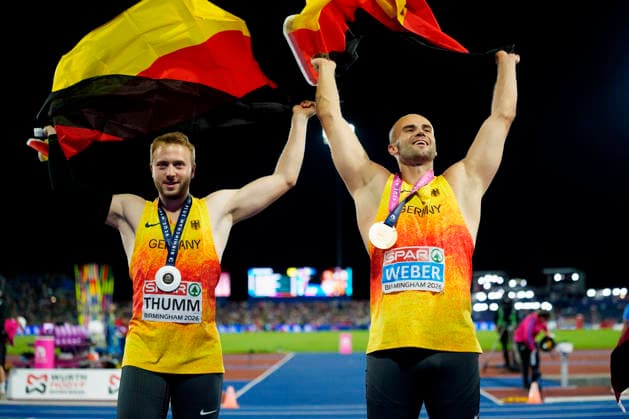 BIRMINGHAM, GREAT BRITAIN - AUGUST 15, 2026 : European champion in the javelin throw: Julian WEBER (GER Germany) and second place for Nick THUMM (GER Germany) during the European Athletics Championships at Alexander Stadium on August 15, 2026 in Birmingham, Great Britain. Great Britain Copyright: xLeahxKohringx
