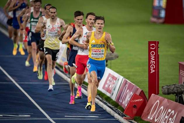 RECORD DATE NOT STATED 15th August 2026; Alexander Stadium, Birmingham, Midlands, England; 2026 European Athletics Championships, Day Six; Andreas Almgren (SWE) leads the pack in the mens 10000m GodfreyxPitt