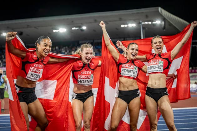 RECORD DATE NOT STATED 15th August 2026; Alexander Stadium, Birmingham, Midlands, England; 2026 European Athletics Championships, Day Six; The Swiss team celebrate winning silver in the womens 4x100m relay GodfreyxPitt