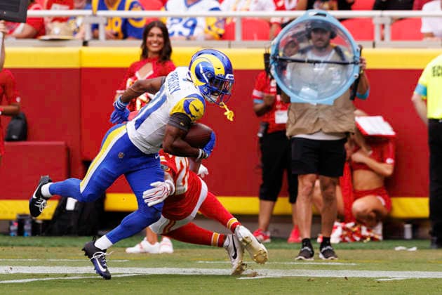 KANSAS CITY, MO - AUGUST 15: Los Angeles Rams wide receiver Brennan Presley (81) runs the ball during the second half against the Kansas City Chiefs on August 15th at Arrowhead Stadium in Kansas City, Missouri. (Photo by William Purnell Icon Sportswire) NFL, American Football Herren, USA AUG 15 Rams at Chiefs EDITORIAL USE ONLY Icon2026081502445