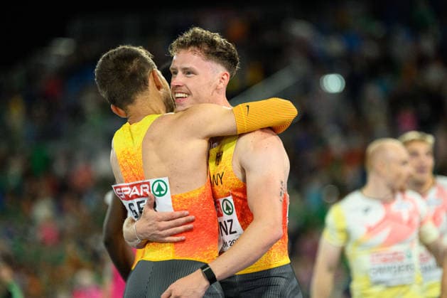 BIRMINGHAM, GREAT BRITAIN - August 15: Heiko Gussmann (Germany) and Kevin Kranz (Germany) after the 4x400 metres relay final during the European Athletics Championships 2026 at Alexander Stadium in Birmingham, Great Britain (Photo by Sven Beyrich Sports Press Photo)  Copyright: xSvenxBeyrich SportsxPressxPhotox Sportspressphoto_SPR207933