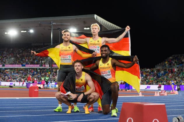 BIRMINGHAM, GREAT BRITAIN - August 15: German 4x100 metres relay team with Lucas Ansah-Peprah, Heiko Gussmann, Kevin Kranz, and Marvin Schulte after winning silver during the European Athletics Championships 2026 at Alexander Stadium in Birmingham, Great Britain (Photo by Sven Beyrich Sports Press Photo)  Copyright: xSvenxBeyrich SportsxPressxPhotox Sportspressphoto_SPR207934
