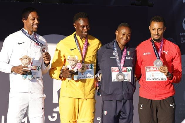 August 15, 2026, Birmingham, United Kingdom: Zharnel Hughes (Silver) of Great Britain, Owen Ansah of Germany (Gold), Eseosa Fostine Desalu of Italy and TimothÃ Mumenthaler of Switzerland (Joint Bronze) in the medal ceremony of the Men™s 200m during day five of the 27th European Athletics Championships at Alexander Stadium. Birmingham United Kingdom - ZUMAs197 20260815_aaa_s197_227 Copyright: xBenxBoothx