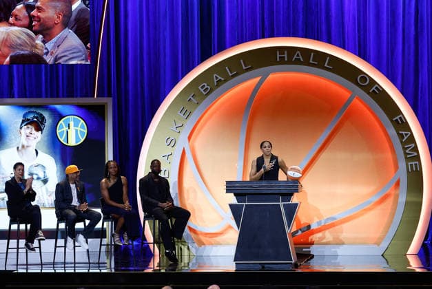 SPRINGFIELD, MA - AUGUST 15: Inductee Candace Parker speaks during the 2026 Naismith Basketball Hall of Fame Enshrinement Ceremony on August 15, 2026, at Symphony Hall in Springfield, MA. (Photo by M. Anthony Nesmith Icon Sportswire) BASKETBALL: AUG 15 Basketball Hall of Fame Enshrinement Ceremony EDITORIAL USE ONLY Icon26081516