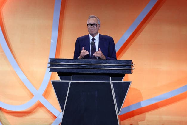 SPRINGFIELD, MA - AUGUST 15: Inductee Mike D Antoni speaks during the 2026 Naismith Basketball Hall of Fame Enshrinement Ceremony on August 15, 2026, at Symphony Hall in Springfield, MA. (Photo by M. Anthony Nesmith Icon Sportswire) BASKETBALL: AUG 15 Basketball Hall of Fame Enshrinement Ceremony EDITORIAL USE ONLY Icon26081519