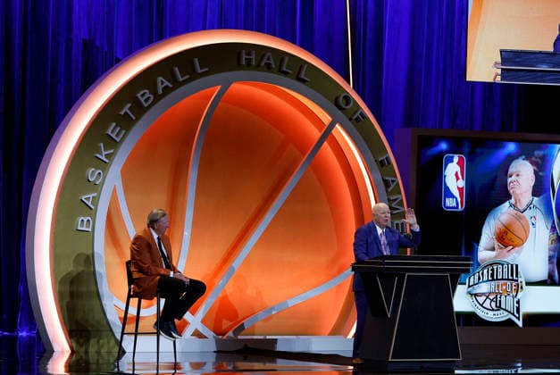 SPRINGFIELD, MA - AUGUST 15: Inductee Joey Crawford speaks during the 2026 Naismith Basketball Hall of Fame Enshrinement Ceremony on August 15, 2026, at Symphony Hall in Springfield, MA. (Photo by M. Anthony Nesmith Icon Sportswire) BASKETBALL: AUG 15 Basketball Hall of Fame Enshrinement Ceremony EDITORIAL USE ONLY Icon26081506