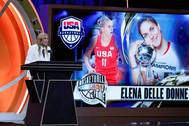SPRINGFIELD, MA - AUGUST 15: Inductee Elana Delle Donne speaks during the 2026 Naismith Basketball Hall of Fame Enshrinement Ceremony on August 15, 2026, at Symphony Hall in Springfield, MA. (Photo by M. Anthony Nesmith Icon Sportswire) BASKETBALL: AUG 15 Basketball Hall of Fame Enshrinement Ceremony EDITORIAL USE ONLY Icon26081510