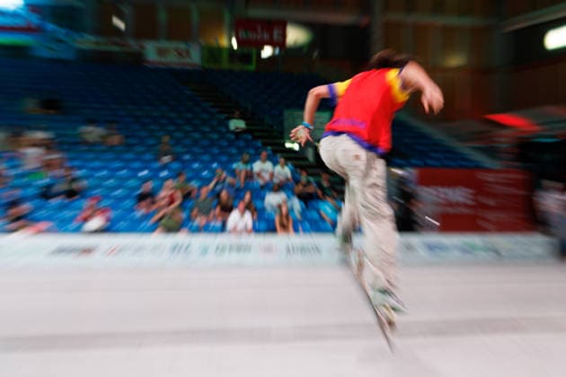 World Freestyle Skateboarding Championships - Men Pro Qualifiers 2026. Germany - Kassel, 15.08.2026 Daniel Popescu from Romania shows trick (long exposure, zoom blur) during the competition in the Men professional Qualifiers at the World Freestyle Skateboarding Championships 2026 in Kassel, Germany. According to the citys official website compete Riders from more than 30 nations at the international freestyle skateboarding event, combining technical tricks, creativity and individual style in the qualification rounds. Hesse