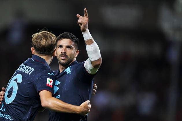 Torino FC v Carrarese Calcio - Coppa Italia Giovanni Simeone of Torino FC celebrates with Marcus Holmgren Pedersen of Torino FC after scoring a goal during the Coppa Italia football match between Torino FC and Carrarese Calcio. Turin Italy Copyright: xNicolòxCampox