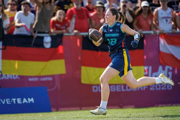 Placement Game for 1st - 8th Place Bracket Austria (AUT) vs. Germany (GER), Day 4 Women at IFAF Flag Football Championships Düsseldorf 2026, 16.08.2026 Duesseldorf, Germany - Aug. 16, 2026: Nora Cermak (GER 18) during the Placement Game for 1st - 8th Place Bracket Match between Austria (AUT) vs. Germany (GER) on fourth day of the Women IFAF Flag Football World Championships at the Bezirkssportanlage Duesseldorf Garath *** Placement Game for 1st–8th Place Bracket: Austria (AUT) vs. Germany (GER), Day 4, Women’s Division at the IFAF Flag Football World Championships in Düsseldorf 2026, August 16, 2026, Düsseldorf, Germany, Aug. 16, 2026 Nora Cermak (GER 18) during the placement game for the 1st–8th place bracket between Austria (AUT) and Germany (GER) on the fourth day of the Women’s IFAF Flag Football World Championships at the Bezirkssportanlage Düsseldorf-Garath Copyright: xBEAUTIFULxSPORTS B.Hoffmannx