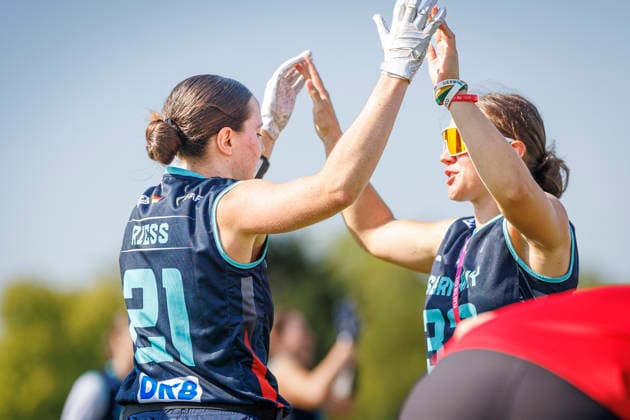 Placement Game for 1st - 8th Place Bracket Austria (AUT) vs. Germany (GER), Day 4 Women at IFAF Flag Football Championships Düsseldorf 2026, 16.08.2026 Duesseldorf, Germany - Aug. 16, 2026: Ellen Marie Riess (GER 21) and Lina Kristin Adrian (GER 33) during the Placement Game for 1st - 8th Place Bracket Match between Austria (AUT) vs. Germany (GER) on fourth day of the Women IFAF Flag Football World Championships at the Bezirkssportanlage Duesseldorf Garath *** Placement Game for 1st–8th Place Bracket: Austria (AUT) vs. Germany (GER), Day 4, Women’s Division at the IFAF Flag Football Championships Düsseldorf 2026, August 16, 2026, Düsseldorf, Germany, Aug. 16, 2026 Ellen Marie Riess (GER 21) and Lina Kristin Adrian (GER 33) during the placement game for 1st–8th place in the bracket between Austria (AUT) and Germany (GER) on the fourth day of the Women’s IFAF Flag Football World Championships at the Bezirkssportanlage Düsseldorf-Garath Copyright: xBEAUTIFULxSPORTS B.Hoffmannx