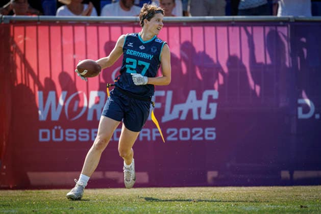 Placement Game for 1st - 8th Place Bracket Austria (AUT) vs. Germany (GER), Day 4 Women at IFAF Flag Football Championships Düsseldorf 2026, 16.08.2026 Duesseldorf, Germany - Aug. 16, 2026: Dora Jasmin Jung (GER 27) during the Placement Game for 1st - 8th Place Bracket Match between Austria (AUT) vs. Germany (GER) on fourth day of the Women IFAF Flag Football World Championships at the Bezirkssportanlage Duesseldorf Garath *** Placement Game for 1st–8th Place Bracket: Austria (AUT) vs. Germany (GER), Day 4, Women’s Division at the IFAF Flag Football World Championships in Düsseldorf 2026, August 16, 2026, Düsseldorf, Germany, Aug. 16, 2026 Dora Jasmin Jung (GER 27) during the placement game for 1st–8th place in the bracket match between Austria (AUT) and Germany (GER) on the fourth day of the Women’s IFAF Flag Football World Championships at the Bezirkssportanlage Düsseldorf-Garath Copyright: xBEAUTIFULxSPORTS B.Hoffmannx