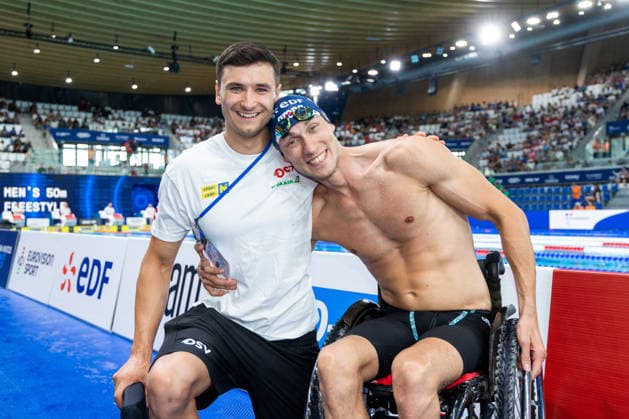 SWIMMING - EAC 2026 PARIS,FRANCE,16.AUG.26 - SWIMMING - European Aquatics Championships Paris 2026, 50m freestyle, men. Image shows Valentin Bayer and Andreas Ernhofer (AUT).  GEPAxpictures xPhilippxBrem