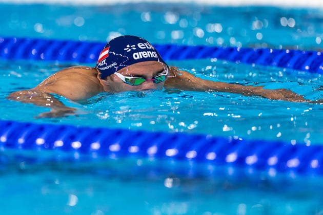 SWIMMING - EAC 2026 PARIS,FRANCE,16.AUG.26 - SWIMMING - European Aquatics Championships Paris 2026, 4x100m individual medley, men. Image shows Luka Mladenovic (AUT).  GEPAxpictures xPhilippxBrem