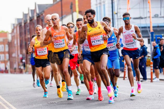 BIRMINGHAM, GREAT BRITAIN - AUGUST 16, 2026 : Ibrahim CHAKIR (ESP Spain), Amanal PETROS (GER Germany) and Mahamed MAHAMED (GBR Great Britain) competing in the marathon during the European Athletics Championships at Alexander Stadium on August 16, 2026 in Birmingham, Great Britain. Great Britain Copyright: xLeahxKohringx